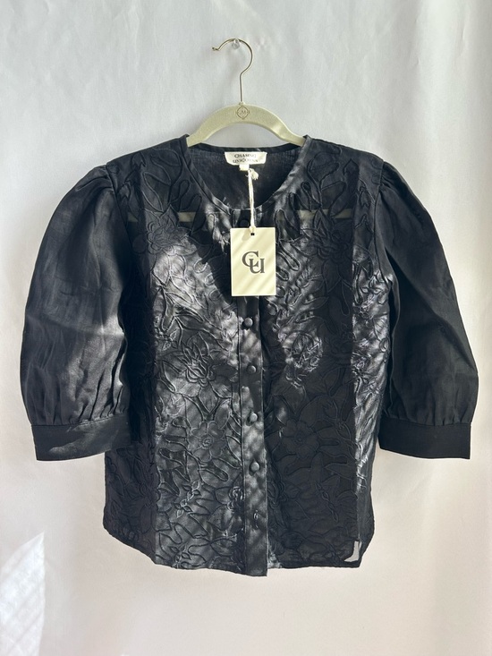 Chasing Unicorns Tops - Chasing Unicorns Embroidered Black Satin Puff Sleeve Blouse Linen